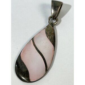 Vintage Sterling Silver & Pink Mother Of Pearl Teardrop Pendant 2”